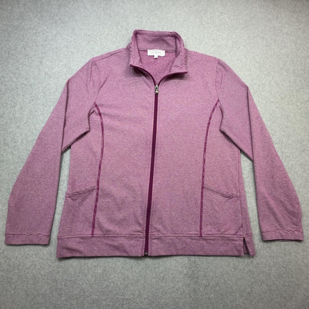 T By Talbots Jacket Womens Large Pink Stripe Full Zip Knit Stretch Track Pockets